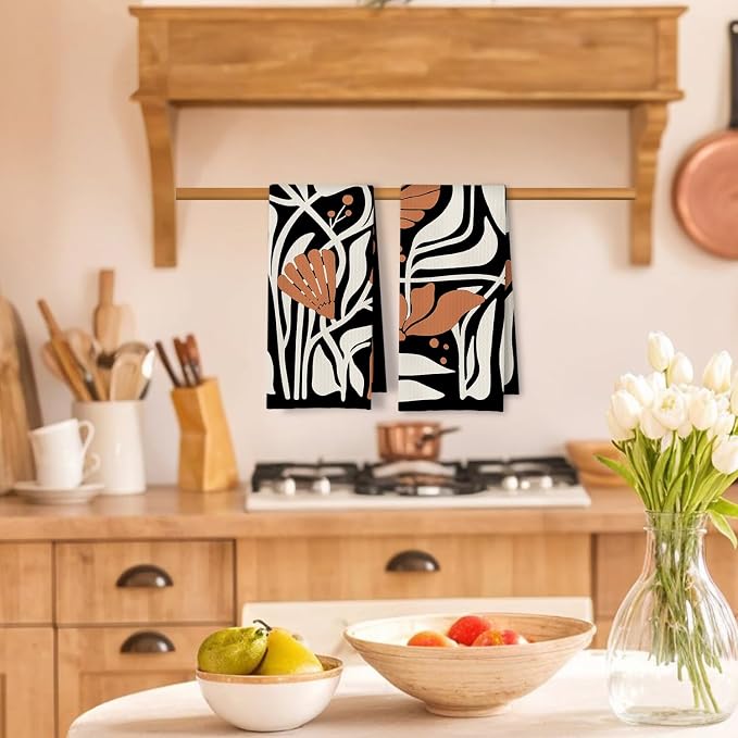 Abstract Boho Black and Beige Brown Floral Kitchen Towels Set of 2, 70s Retro Groovy Botanical Dish Tea Towels for Kitchen Bathroom Decor, Mid Century Modern Hand Towels, 16x24 Inch