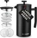 Large French Press Coffee Maker 50oz, 304-Grade Stainless Steel, Insulated | Double-Wall Coffee Press Keeps Hot, 4-Level Filter Blocks Grounds, Rust-Proof, 2 Extra Filters, Cold Brew, Matte Black (1.5L)