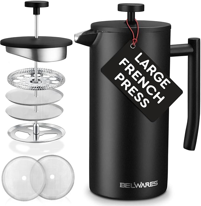 Large French Press Coffee Maker 50oz, 304-Grade Stainless Steel, Insulated | Double-Wall Coffee Press Keeps Hot, 4-Level Filter Blocks Grounds, Rust-Proof, 2 Extra Filters, Cold Brew, Matte Black (1.5L)