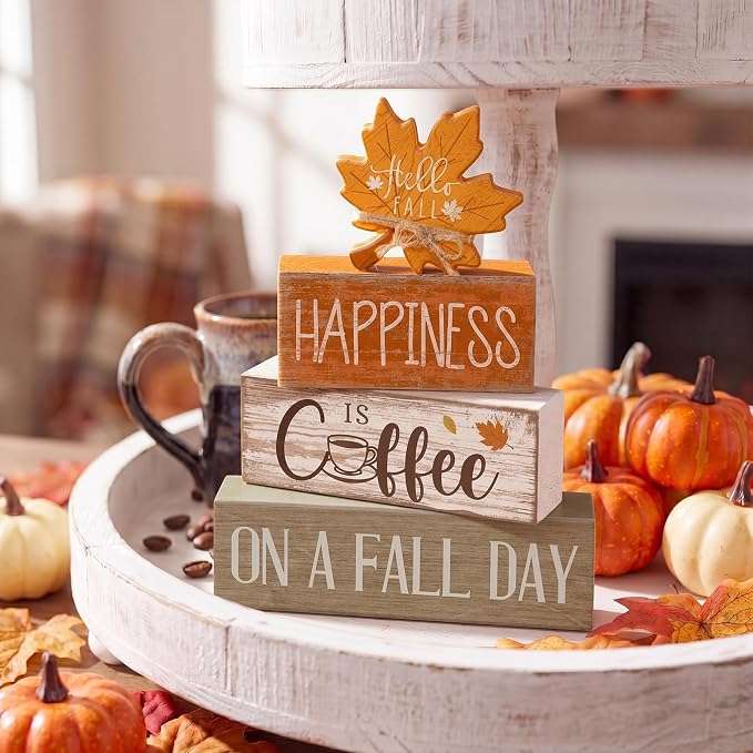 Lineshading 4 Pcs Fall Block Signs, Wooden Farmhouse Tiered Tray Decor | Stackable Rustic Wood Blocks with Maple Leaf Topper, Coffee Happiness Quote, Perfect for Tabletop Mantel Shelf Display