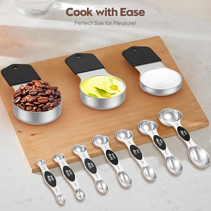 Magnetic Measuring Cups and Spoons Set – 304 Stainless Steel | Dual-Sided Markings | Space-Saving Kitchen Organizer | N52 Magnetic Nesting | 15-Piece with Leveler | Baking & Gift (Black)