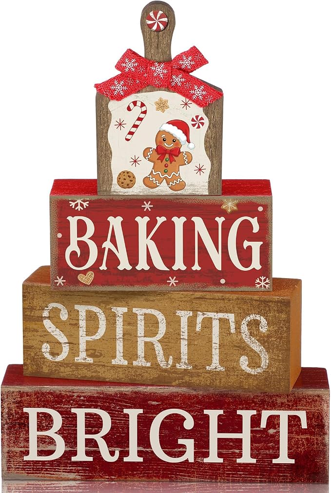 Lineshading 4 Pcs Gingerbread Baking Wood Block Signs, Farmhouse Decor | Rustic Tiered Tray Decor with Phrases, For Christmas Kitchen or Holiday Tabletop, Wooden Farmhouse Style