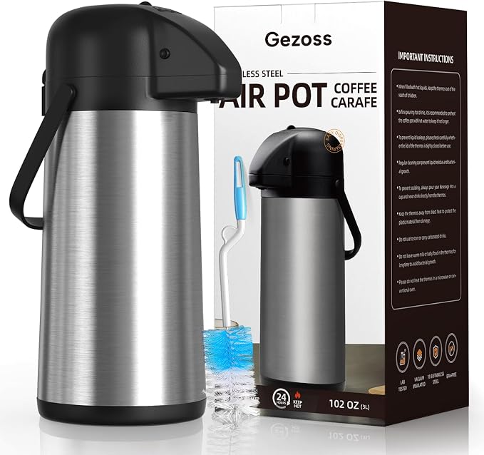 Coffee Carafe for Keeping Hot, 102OZ / 3L Airpot Coffee Dispenser with Pump | Large Thermal Coffee Urn for Hot Drinks Tea Liquid, 304 Insulated Stainless Steel Hot Water Beverage Dispenser for Parties