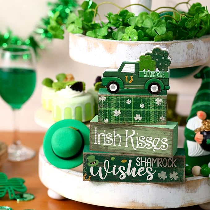 Lineshading 4 Pcs Wooden Shamrock Tiered Tray Decor St Patrick Block Signs | Green Truck Topper with Irish Kisses Blocks, Rustic Farmhouse Tabletop Decorations for Home, Stackable Display
