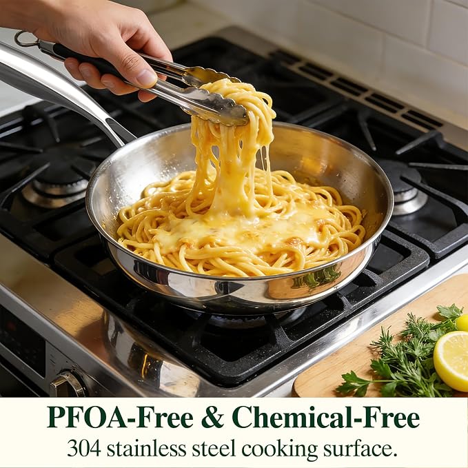 Umite Chef 10 Inch Stainless Steel Frying Pan, Non-Toxic 5 Ply Stainless Clad, Professional Skillet Cookware, Dishwasher Safe Kitchen Pan, Compatible with Induction, Oven Safe Saucepan,PFOA&PTFE Free