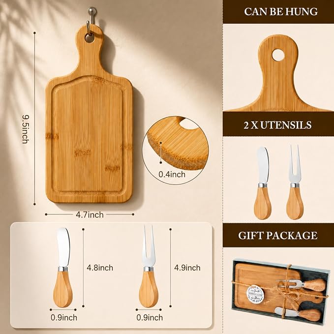 1 Set Bridal Shower Favor Prizes Charcuterie Board,Bamboo Color | Bamboo Cheese Board with Knife Fork Thank You Tag, Gift Box for Guests, Valentines Wedding Baby Shower Party Favors