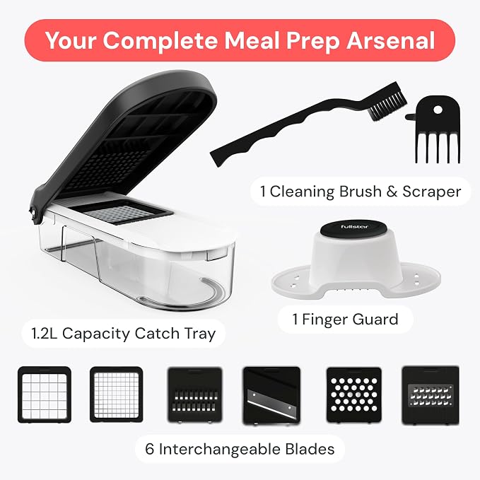 Fullstar Pro Core Vegetable Chopper & Mandoline Slicer, Meal Prep Essential | 6 in 1 Veggie Slicer, Onion & Fruit Slicer with Julienne, Grater & Dicer Stainless Steel Blades + Container (Full White)
