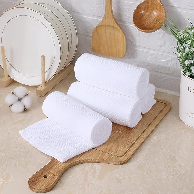 Kitinjoy 100% Cotton Waffle 12-Pack Kitchen Towels, 13" x 28", White | Super Soft, Ultra-Absorbent, Fast Drying, lightweight, Quick Drying Kitchen Hand Towels