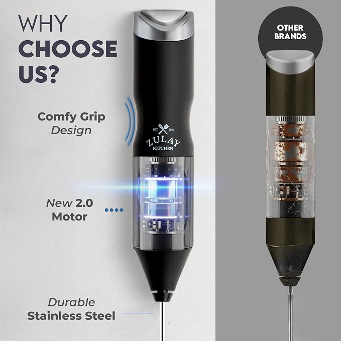 Zulay Kitchen Powerful Frother Wand AA Batteries Included, Ultra Fast Handheld Drink Mixer, Comfort Milk Frother, Stainless Steel Whisker, Frother Handheld for Coffee, Protein & Matcha - Frothmate 2.0