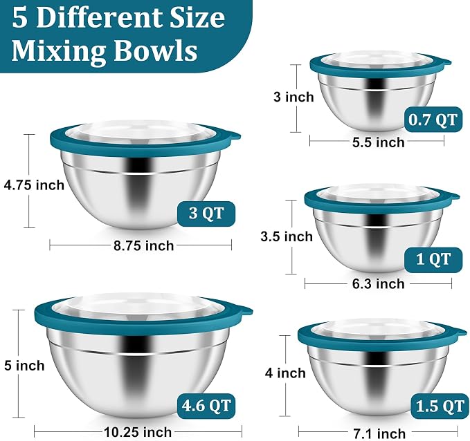 P&P CHEF Metal Mixing Bowls with Lids Set, Visible Airtight Lids & Blue | 5 PCS Stainless Steel Mixing Nesting Bowls for Kitchen Prepping, Storing, Healthy & Easy Clean, Size 4.6, 3, 1.5, 1, 0.7 QT