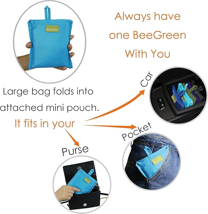 BeeGreen Reusable Grocery Bags Blue Kitchen Bags Bulk Foldable-Machine Washable with Zipper Storage Pouch 50 Packs