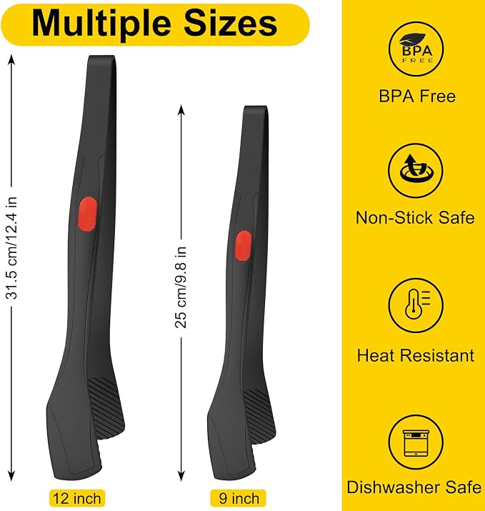 Beijiyi Silicone Kitchen Tongs for Cooking, 9" & 12", Heat Resistant, Black | BPA-Free Silicone Tip, Non-Stick Safe, Stainless Steel Core, Food Tongs for Cooking, Serving and Grilling, Dishwasher Safe