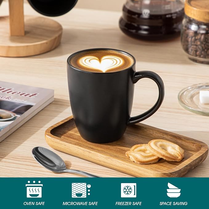 vancasso PLAYA Ceramic Coffee Mug Set of 6, 12 Oz Tea Cups with Handle for Latte, Tea, Cappuccino, Milk, Cocoa, Microwave&Dishwasher Safe, Black