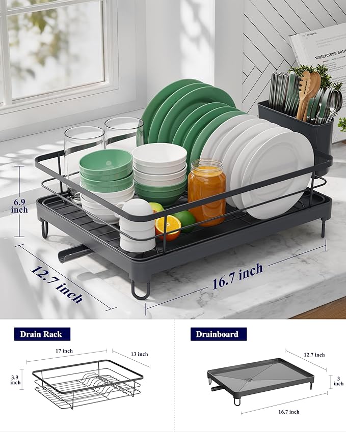 Kitsure Dish Drying Rack for Kitchen Counter, 12.7''W x 16.7''L, Grey | Stainless Steel Sink Organization, Cutlery Holder, Home and Appartment Decor