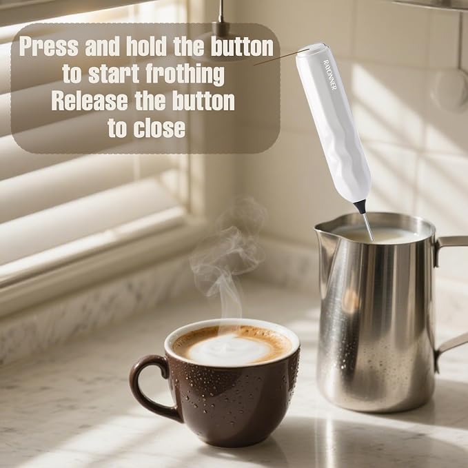 RAYONNER Kitchen Milk Frother Handheld Coffee Frother Foam Maker White | Fast Powerful Drink Mixer, Stainless Steel Whisk, For Coffee, Latte, Matcha