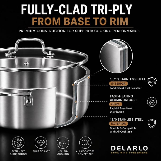 DELARLO Tri-Ply Stainless Steel 10 Inch Frying Pan,3 Quart Sauté Pan with lid,Compatible with All Cooktops,Oven Up to 660℉,Chicken Fryer,Dishwasher-Friendly