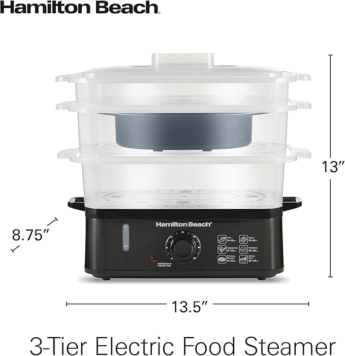 Hamilton Beach Electric Food Steamer, Rice Cooker & Egg Boiler | For Quick Healthy Cooking | 9.5 Qt. Stackable Three-Tier Bowls For Vegetables and Seafood | Auto Shutoff | Black