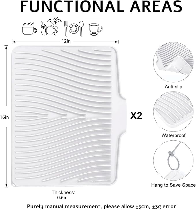 TIKNIK Silicone Dish Drying Mat for Kitchen Counter, White-2pcs, 16" x 12" | Heat Resistant & Non-Slip Dish Drain Pad with Built-In Drain, Dishwasher Safe, Quick-Dry, Hangable & Roll-Up for Storage