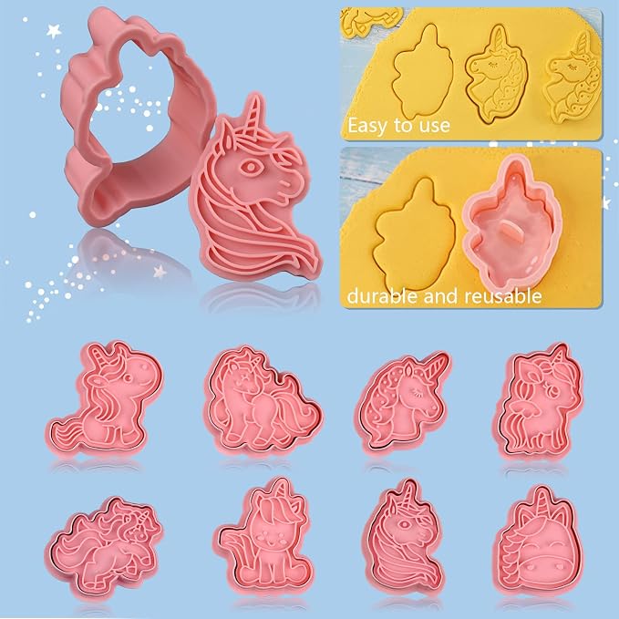 8 Piece Unicorn Cookie Cutters With Plunger Stamps Set, Biscuit Molds | Different Shapes Unicorn Shape Embossing Cookie Stamp With Unicorn Head For Biscuit Fondant Cheese Baking