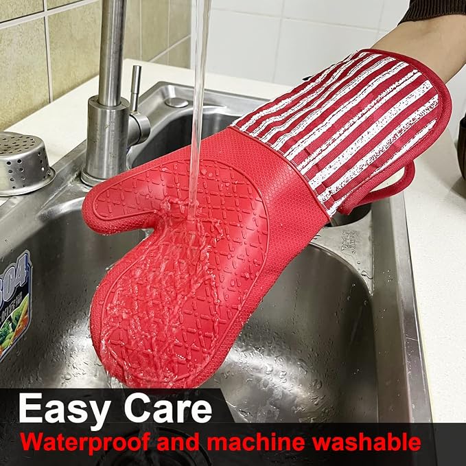 Alselo Silicone Oven Mitts Heat Resistant 932℉ with Waterproof & Non-Slip | Kitchen Mittens Set of 2,Extra Long 7.5"x15" Oven Gloves with Soft Cotton Terry Lining for Baking Cooking BBQ(Red,2)