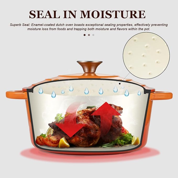 Overmont Enameled Cast Iron Dutch Oven - 7QT Pot with Lid Cookbook & Cotton Potholders - Heavy-Duty Cookware for Braising, Stews, Roasting, Sourdough Baking orange