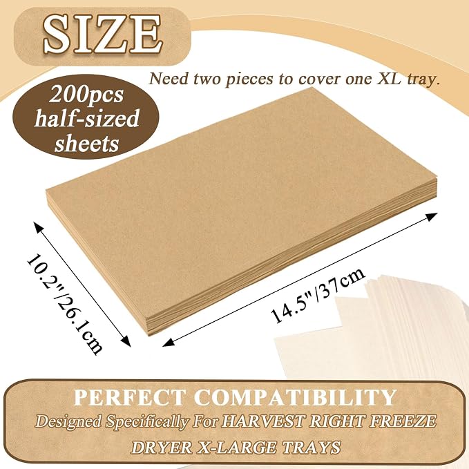 200 PCS Freeze Dryer Tray Mats for Harvest Right Freeze Dryer X-Large Trays, Non-Stick Baking Mats One-Off Parchment Paper(X-Large) (Half Tray Size)