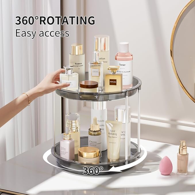 Rotating Makeup Organizer, Perfume Skincare Holder, 2 Tier 9 Inch, Gray | 360° Smooth Spinning Vanity Tray, Large Capacity, Space-Saving Cosmetics Storage for Bathroom Countertop, Dresser