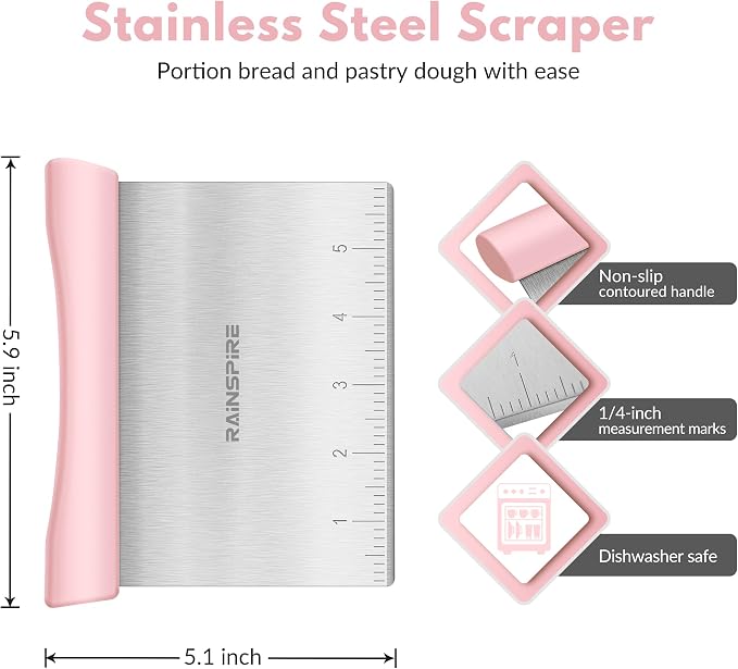 Upgraded 304 Stainless Steel Multi-Purpose Bench Scraper with Measurement Marks, Dishwasher Safe, Dough Cutter for Pizza, Bread and Cookie Dough Vegetable Chopper, Baking Supplies, Pink