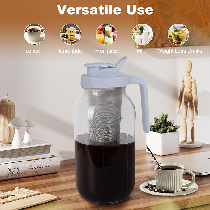 Cold Brew Coffee Maker, 64 oz Mason Jar Pitcher with Stainless Steel Filter, Pour Spout Handle Lid, Heavy Duty Glass Airtight & Leak-Proof for Iced Coffee,Tea & Lemonade