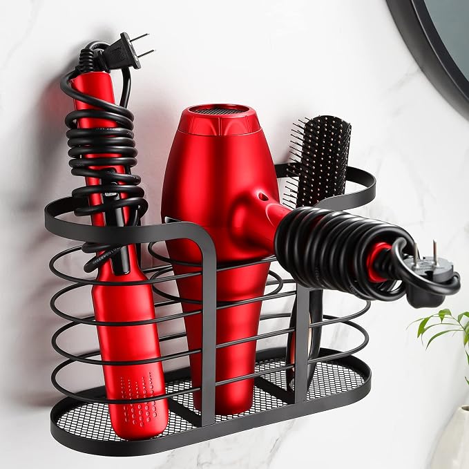 YIGII Blow Dryer Holder, Adhesive Wall Mount Bathroom Organizer, Black | Hot Tool Storage for Hair Dryers and Electric Shavers, Space-Saving Design with No Drill Installation for Bathroom Counters