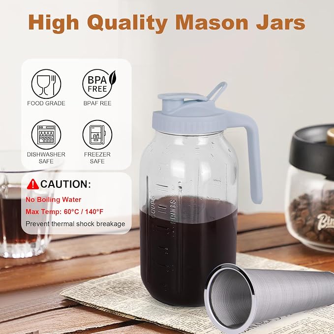 Cold Brew Coffee Maker, 64 oz Mason Jar Pitcher with Stainless Steel Filter, Pour Spout Handle Lid, Heavy Duty Glass Airtight & Leak-Proof for Iced Coffee,Tea & Lemonade