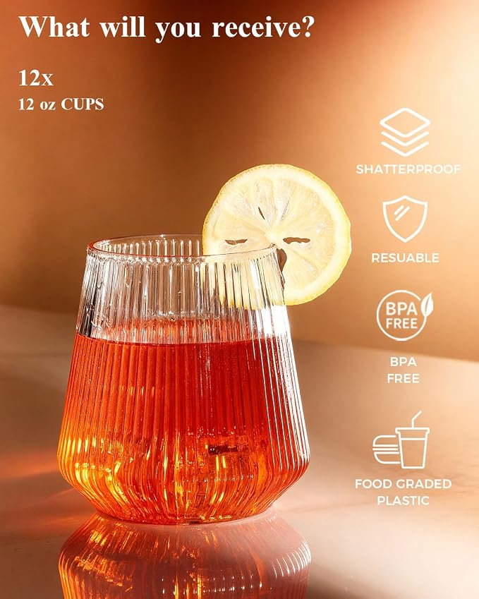 BESTSTAR 24 Pack Clear Plastic Ribbed Origami Ripple Plastic Glasses Set | 12 9 OZ Stemless Champagne Flutes & 12 12OZ Cups, BPA-Free Shatterproof Clear Drinkware for Weddings, Parties & Events