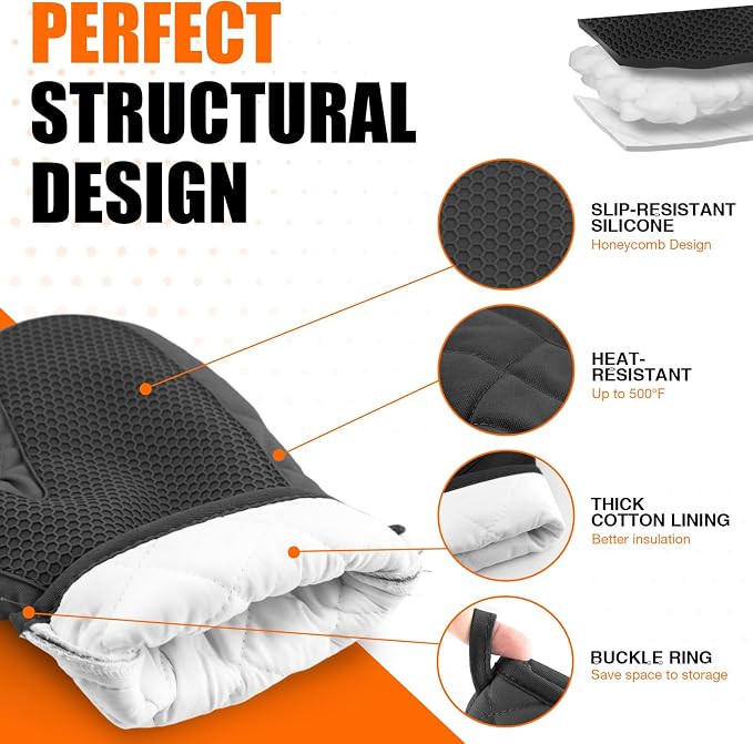 Silicone Oven Mitts, Heat Resistant 2PCS Oven Mitts with Soft Cotton Lining, Waterproof Non-Slip Grip Oven Glove, Kitchen Potholder Mits for BBQ, Baking, Cooking, 10.5Inch - Dark Black