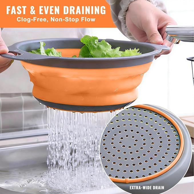 2 Pack Collapsible Silicone Colander with Handle, Over Sink Foldable Food Strainer, BPA-Free Space Saving Drain Basket for Vegetables, Fruits, Pasta, Kitchen & Camping (Orange)