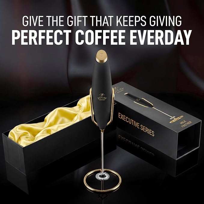Zulay Kitchen Powerful Milk Frother Wand With Duracell Batteries - Ultra Fast Handheld Drink Mixer - Electric Whisk Foam Maker for Coffee, Lattes, Cappuccino & Matcha - Z1 Motor - Exec Black Gold