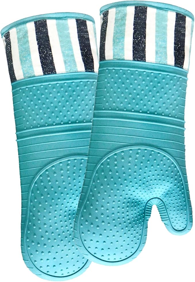 Heat Resistant 550 Degree Oven mitt, Silicone Oven Hot Mitts - 1 Pair | Extra Long Professional Baking Oven Gloves - Food Safe,Pot Holders Cooking,Grilling,Kitchen (Blue Mittens)