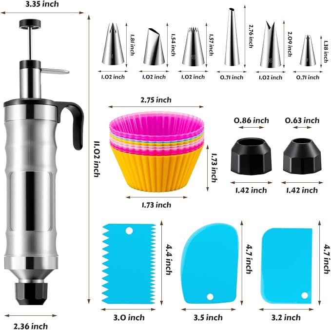 Dessert Decorating Syringe Set, Stainless Steel Frosting & Icing Piping Kit with 6 Tips and 9 Silicone Cupcakes,3 Cream Scraper for Cake Decorating Tools Cupcake Decorating Kit