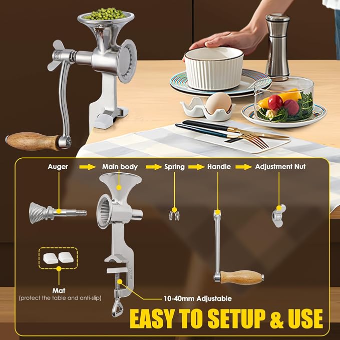 CGOLDENWALL Manual Grain Mill Stainless Steel Grinder Hand-operated Coffee Grinder with Fineness-adjustable Spring for Spice Pepper Corn Coffee Beans Grains