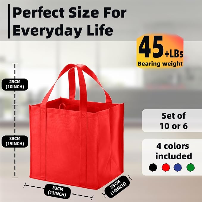 10 pack Reusable Grocery Bags,Thick Bottom-Shopping Bag for Groceries | Heavy Duty Large Shopping Totes,Reusable Bags With Handles ,Foldable,Washable ,Load Capacity Over 45 Pounds