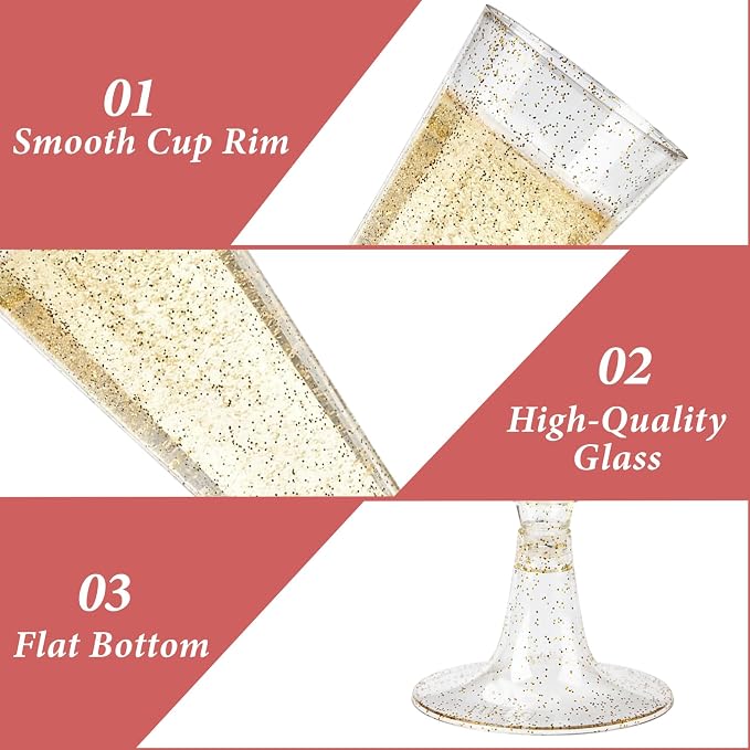 GuanQiao 100 Pack Plastic Champagne Flutes, 5.5 OZ Disposable Plastic Champagne Glasses with Gold Glitter, Wine Glasses Cups for Wedding Celebration Party Wine Tasting New Years Eve Supplies