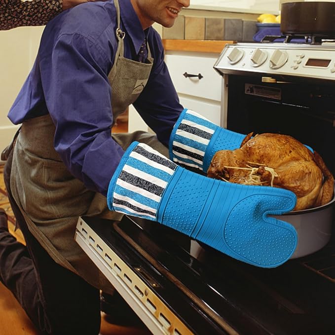 Heat Resistant 550 Degree Oven mitt, Silicone Oven Hot Mitts - 1 Pair, Extra Long Professional Baking Oven Gloves - Food Safe,Pot Holders Cooking,Grilling,Kitchen (Navy)
