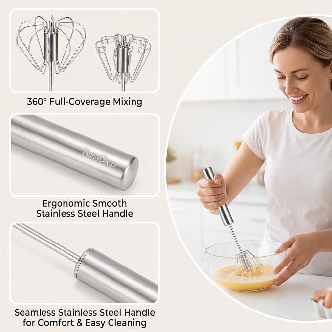 SUS304 Stainless Steel Whisk & Beater Set - Manual & Automatic Handheld Easy Semi-Auto Mixer for Cooking - 12 & 14inch Frother Spinner, Mixer & Stirrer for Eggs, Hand, and Milk
