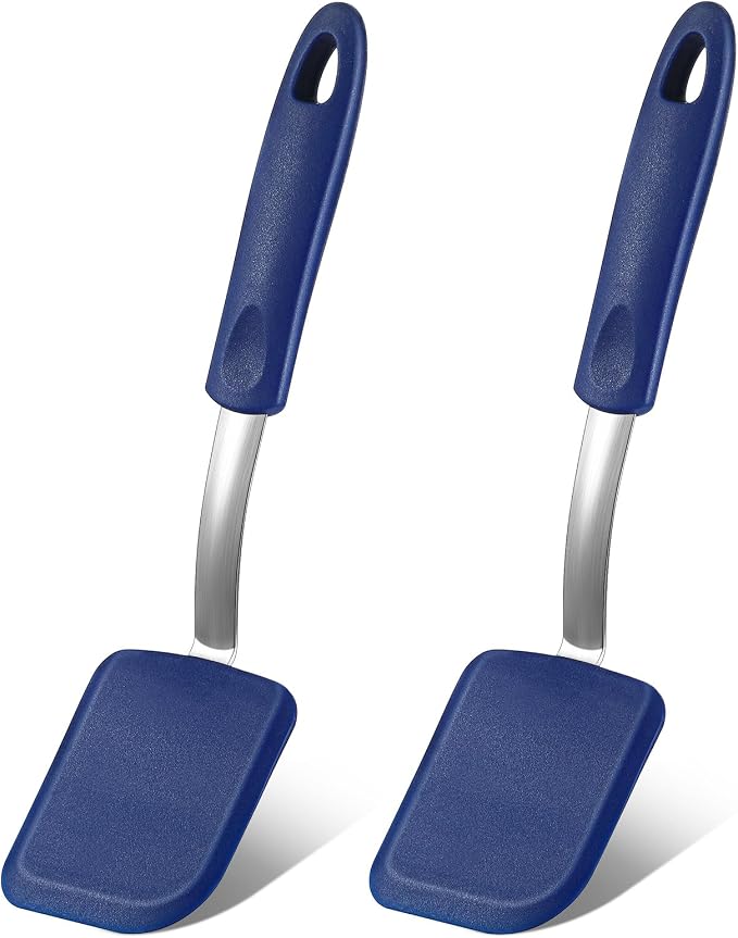 Silicone Cookie Spatula Turner 2 Pack Mini Brownie Spatula Flexible Kitchen Small Silicone Turner for Nonstick Cookware Heat Resistant No Scratch Flipper for Egg(Solid Flat,Blue)