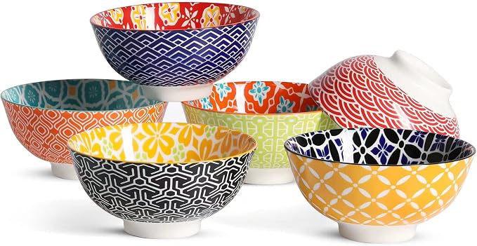 Metahom Dessert Bowls, Small Colorful Bowls 10 Oz, Ceramic Bowl Set for Ice Cream, Decorative Bowls for Snack Soup Condiments, Side Dishes, Set of 6