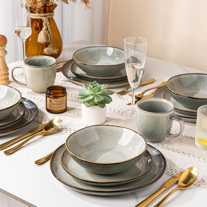 AmorArc Ceramic Dinnerware Sets for 4, 12Pcs Plates and Bowls Sets Dishes | Stoneware Handmade Reactive Glaze Dinner Set, Highly Scratch Resistant | Dishwasher & Microwave Safe Dishware