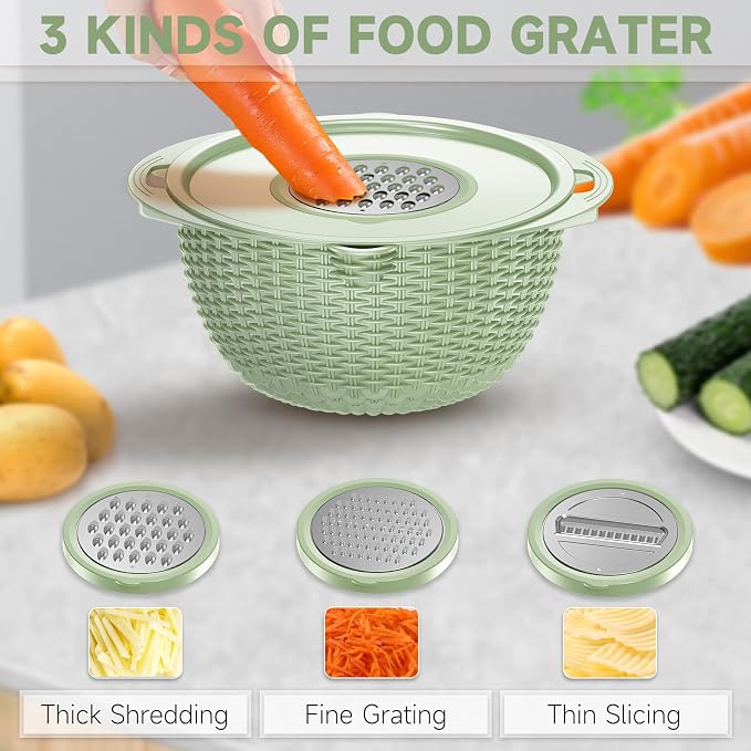 4-1 Strainer with Bowl & Spoons Set - Strainers and Colanders - Colanders for kitchen(Patented) - Pasta Strainer with Upgraded Graters & Spoons for Fruit Veggie Kitchen Essentials, Green
