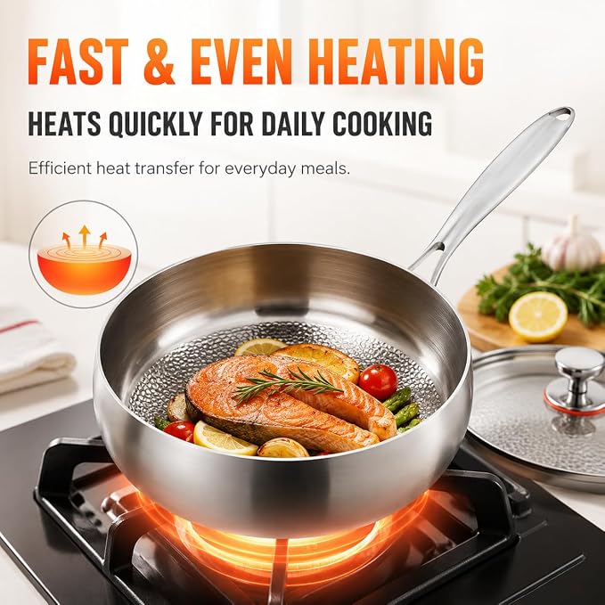 Titanium Hammered Pan with Lid, Thickened Multi-Layer Stock Pot, Titanium Wok Pan, Scratch-Resistant Non Stick Titanium Frying Pans, Even Heating for Cooking,11.02in