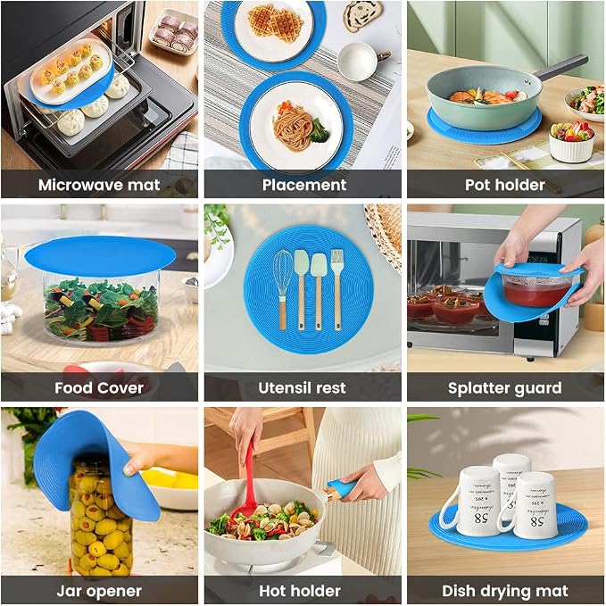Microwave Splatter Cover - Microwave Mats Multi Use, Silicone Mat Place Holder Hot Food Cover, Microwave Plate Cover for Food, Pot Pad, Heat, Trivet, Kitchen Counter Mat Blue
