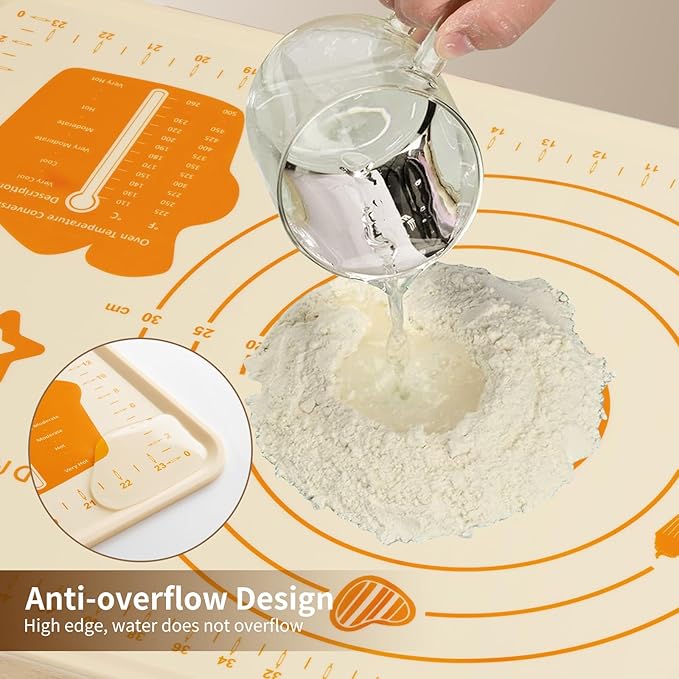 DANIA & DEAN 26"x16" 1.1mm Ultra-Thick Baking-Themed Silicone Pastry Mat | Non-Slip & Non-Stick Mat with 4.5mm Raised Edges & Measurements, Anti-Spill for Dough, Bread, Cookies & Pizza Counter Sheet