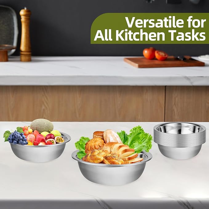 10 Pack 10.24 x 2.76 Inch Stainless Steel Mixing Bowls for Bulk Food Prep with Nesting Design for Hotel Restaurant and Home Kitchen Cooking in Silver